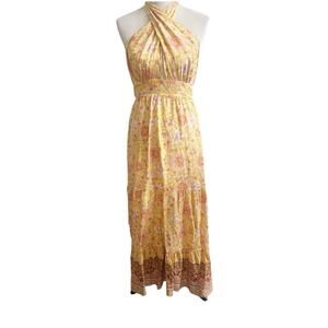 Boutique Halter Tied Maxi Dress Size Medium Floral Longline Yellow Cottage